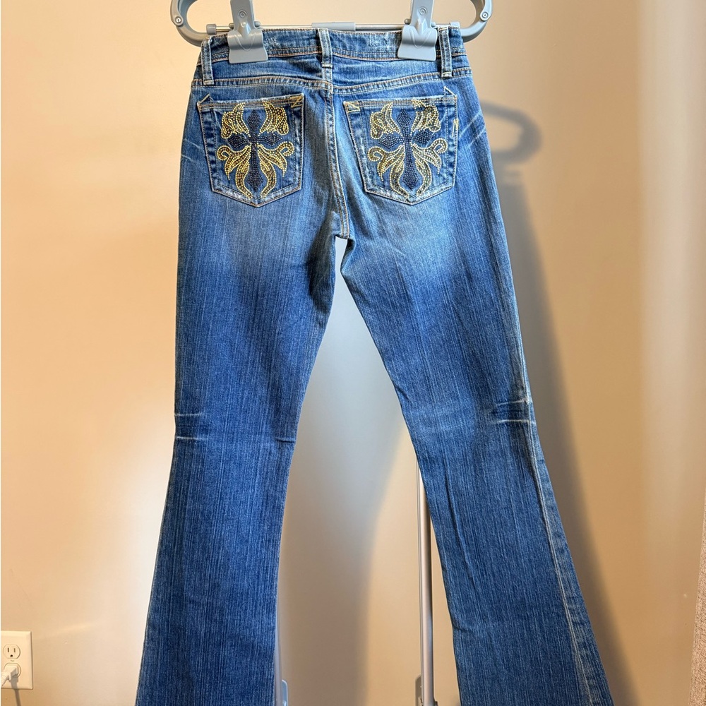 Guess by Marciano Blue Flare Jeans with Gold Embroidery